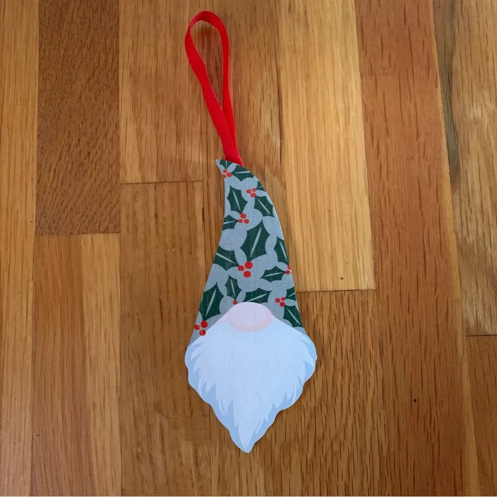 Wooden Elf Ornament Red Ribbon Mistletoe Hat